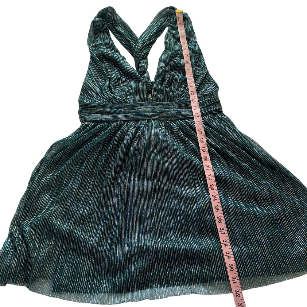NWT LULUS Sz L Women Ailey Metallic Gold Teal Twist Back Skater Dress L 17D1756 - Picture 15 of 16